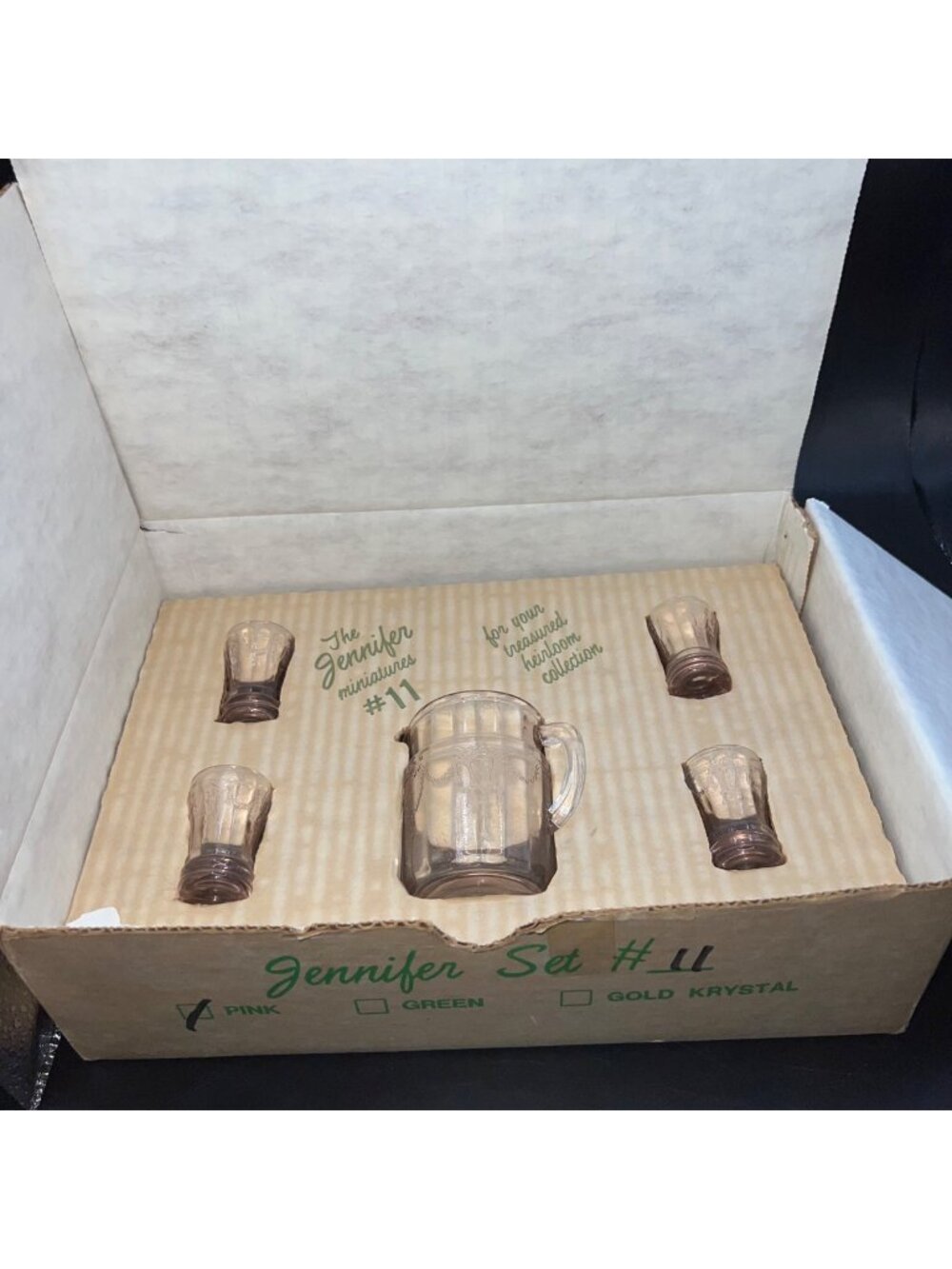 Pink Mosser Glass Miniature Pitcher & 4 Glasses Jennifer Set #11 Vintage Boxed
